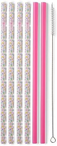 Swig Life Pack of 6 Reusable Plastic Straws with Cleaning Brush, BPA Free Plastic Reusable Straws, Colorful Drinking Straws for Cups & Tumblers (Confetti + Pink)