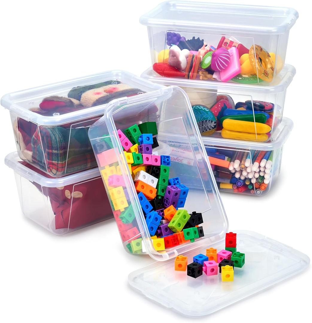 GAMENOTE Clear Plastic Storage Bins with Lids,Stackable Containers for Classroom,Toy Storage Organizer, 5 Qt 6 Pack Small Tubs,Tote Box for Kids Playroom,Sorting(127.25.1 in)