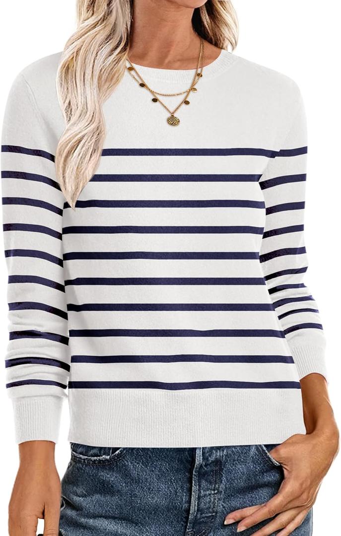 ANRABESS Sweaters for Women Long Sleeve Lightweight Crewneck Soft Basic Knit Loose Fit Pullover Top 2025 Fall Trendy Outfits (Large, White Navy Blue)