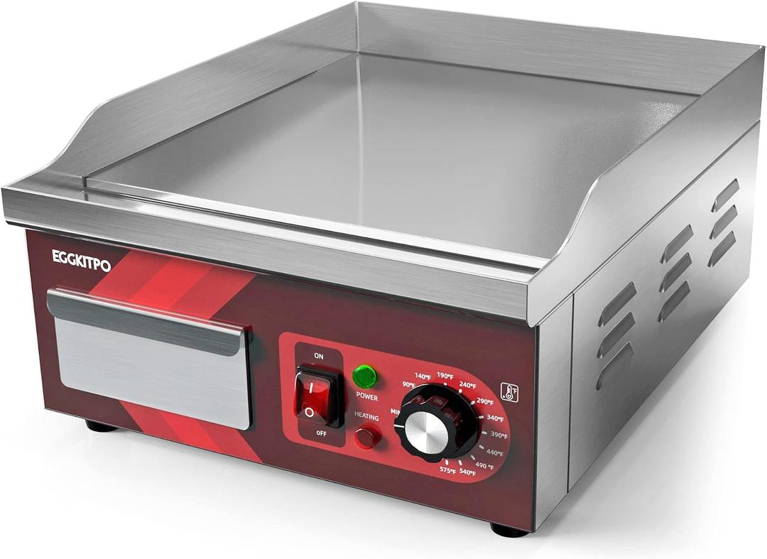 EGGKITPO 14 Inch Electric Griddle 120V 1800W, Non-Stick Flat Top Grill Commercial Electric Countertop Griddles Stainless Steel Adjustable Temperature Control 90-575 for Home or Restaurant Use