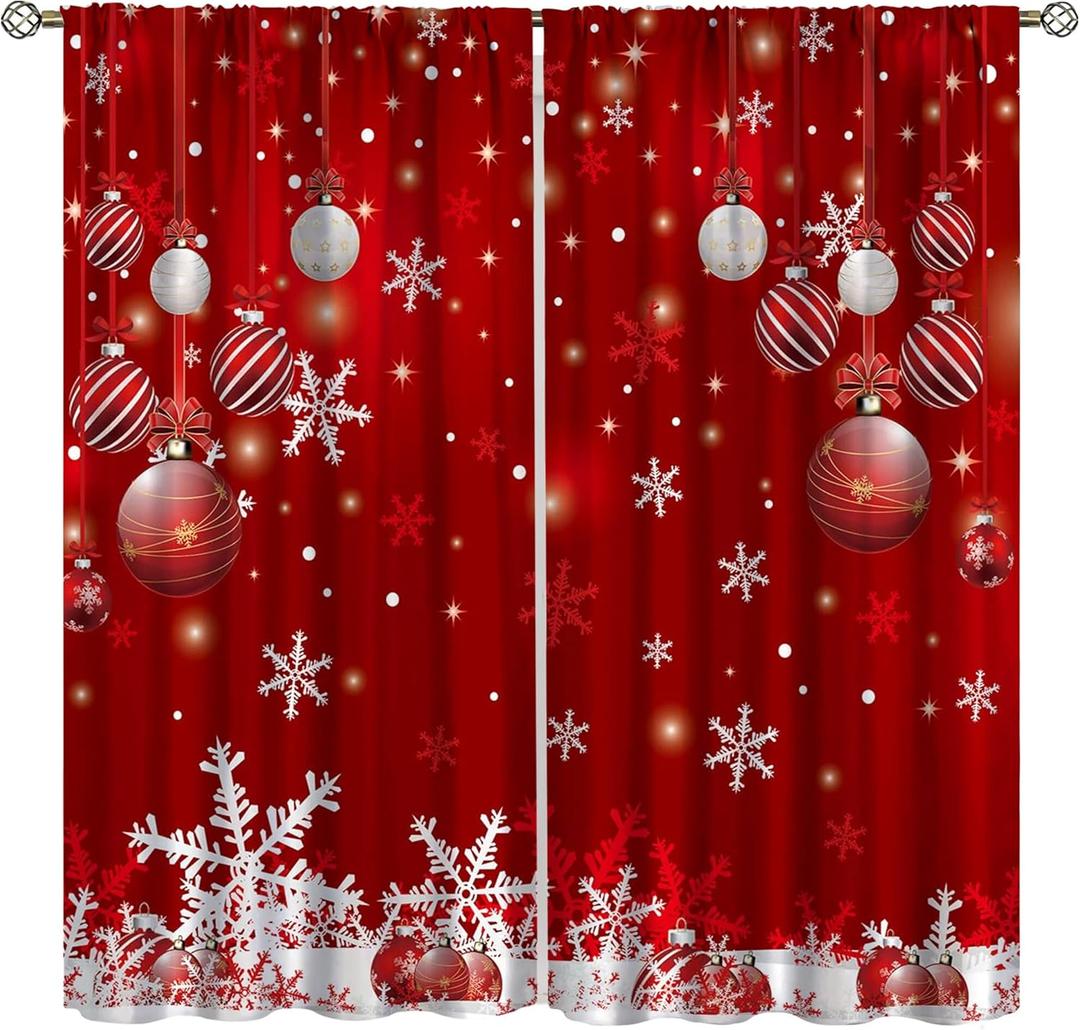 Merry Christmas Curtains, Merry Xmas Glitter Snowflake Window Treatments for Living Room Bedroom Kitchen Holiday Party Decor,Red Burgundy New Year Drapes 2 Panel Sets,42x54 Inch