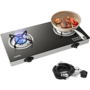 Outdoor Propane s Stove, 28000 BTU Dual Burner LPG Propane Gas Cooktop with Tempered Glass Top, Portable Gas Stove for Outdoor Cooking Camping Grilling