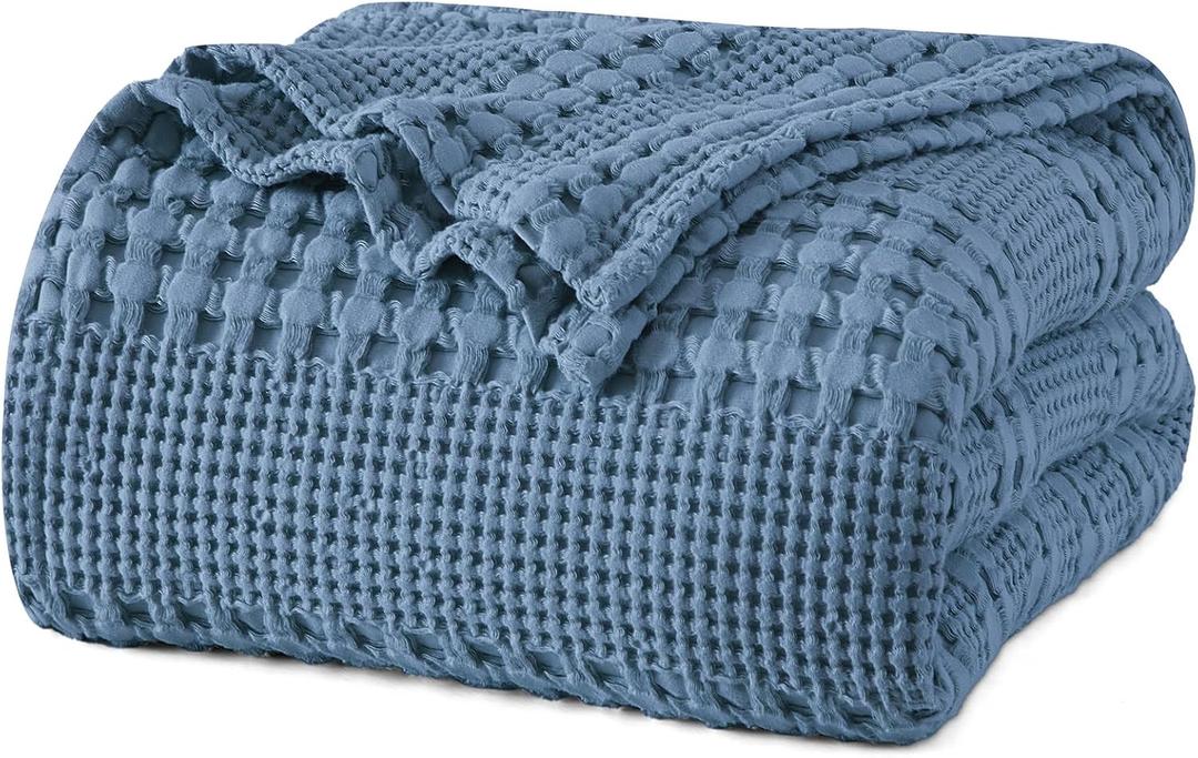 PHF 100% Cotton Waffle Weave Blanket King Size for Bed, Soft Lightweight & Breathable for Spring and Summer, All-Season Comfort, Luxury Aesthetic Blanket for Home Decor, 108"x90", Denim Blue