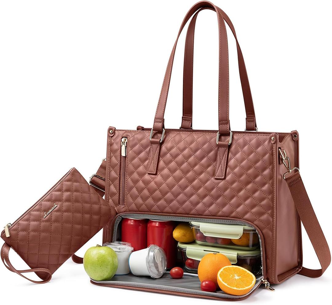LOVEVOOK Lunch Tote Bag for Women, 15.6 Inch Laptop Bag with Insulated Lunch Compartment, Quilted Large Capacity Computer Handbag with Purse for Business, Work, Nurse, Collage, Office, Casual, Brown