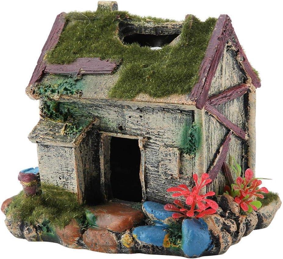 Aquarium Ornament Artificial Resin Coral Seaweed Shell Floating Moss Stone Wood House Cave Decor Natural Habitat Decoration for Marine Fish Tank Landscape (Moss House)