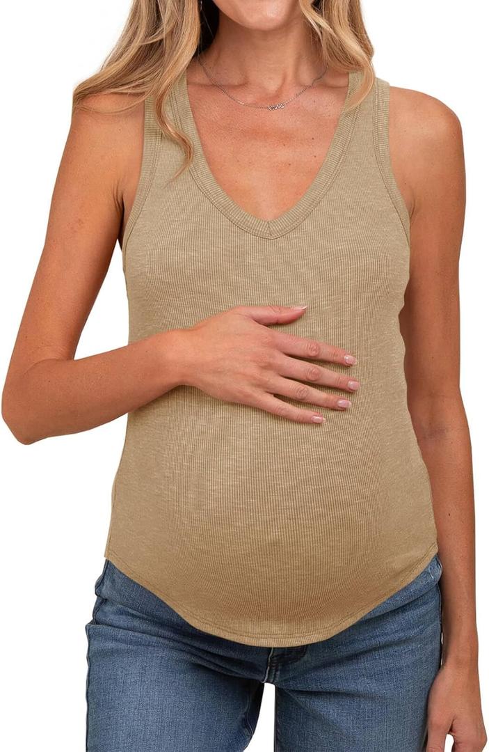 Tankaneo Womens Maternity Tank Tops Sleeveless V Neck Ribbed Knit Shirts | Summer Casual, Curved Hem Pregnancy Clothes, Fitted (Beige, L)