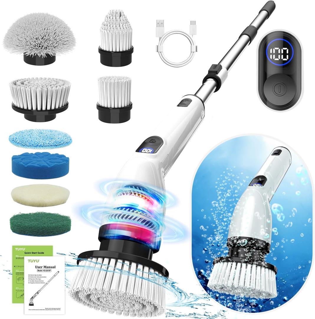 TUYU Electric Spin Scrubber, Full-Body IPX7 Waterproof Bathroom Scrubber with Power LCD Display, 8 Replacement Head, Adjustable Extension Handle, Cordless Shower Cleaner Brush for Bathtub Cleaning (Grey White)