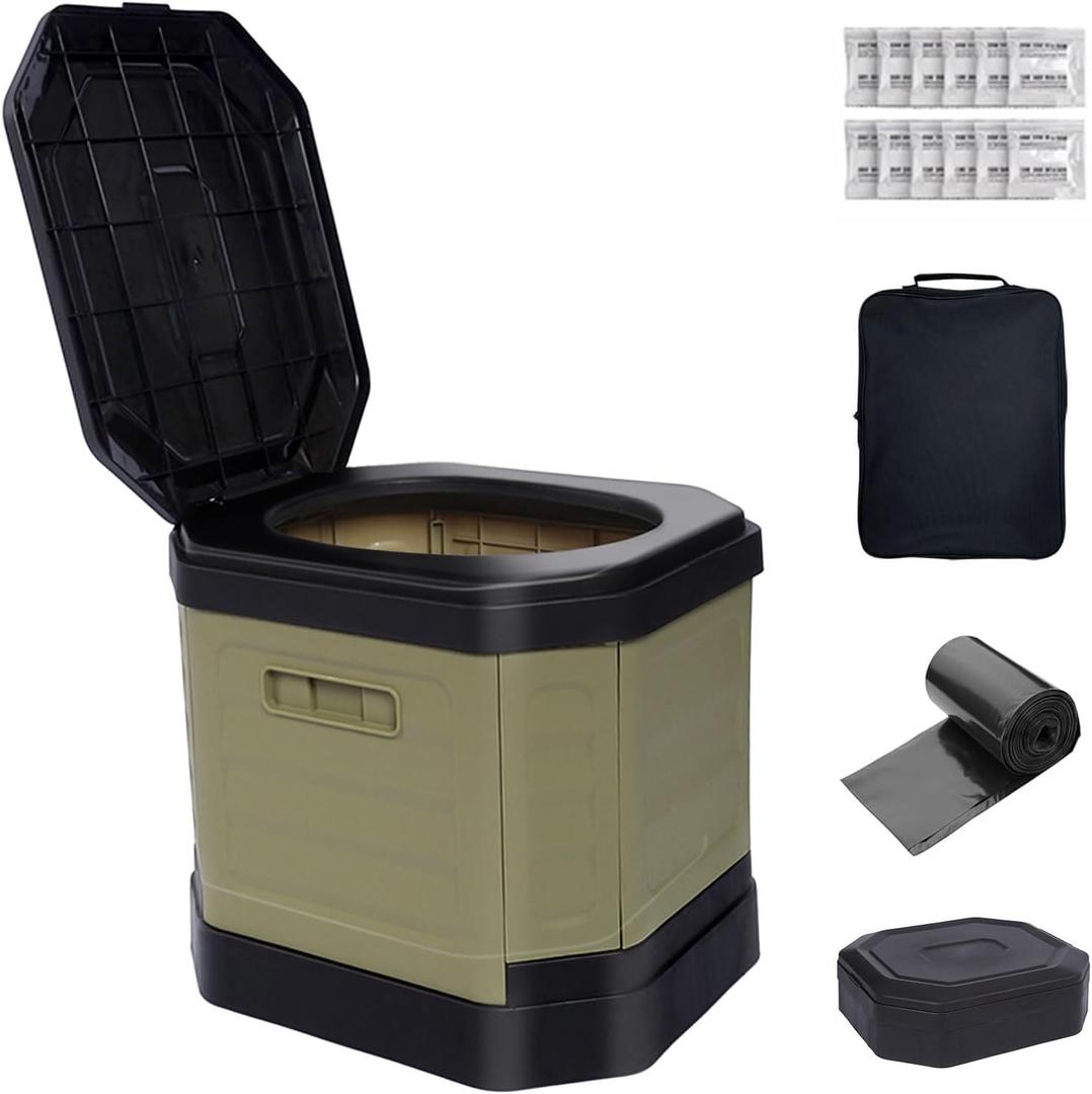 Portable Camping Toilet, Portable Travel Folding Toilet with Lid for Adults and Kids, Portable Potty for Camping, Hiking, Car Travel,Truck, RV, Boating, Road Trips, Beach (Khaki)