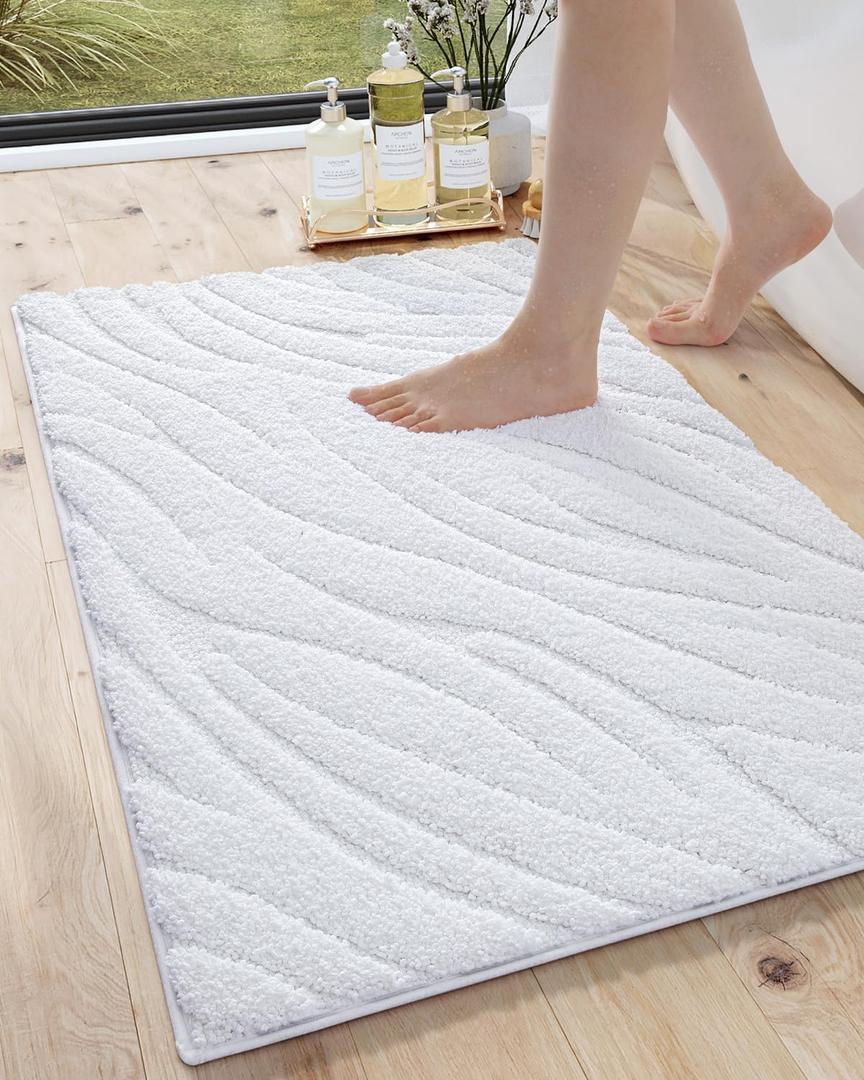 DEXI Bathroom Rugs 17x30, Non Slip Washable Bath Mat for Shower Floor, Luxury Soft Absorbent Bathmat with Rubber Backing, Quick Dry Microfiber Carpet, White (1'5" x 2'6" (Rectangular))