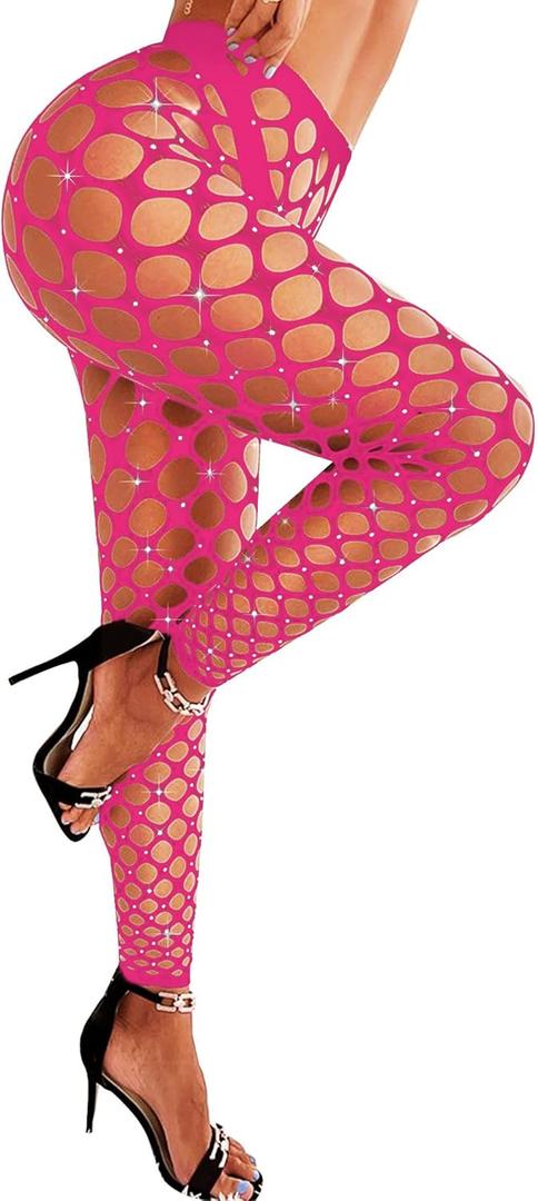 RSLOVE Women Sexy High Waist Tights Rhinestone Sparkle Fishnet Stockings Pantyhose Leggings Lingerie Pants (Rose Red)