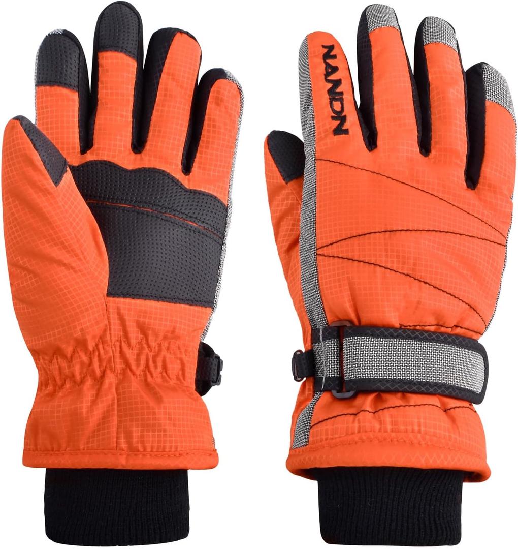 Azarxis Kids Children Ski Gloves Winter Snow Gloves Waterproof Winter Warm Glove for Snowboarding, Sledding (8-10 Years Old, #04 Orange- Thicker Version)