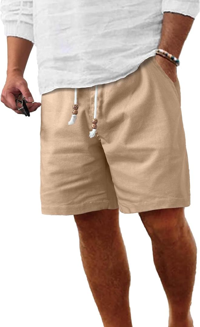 Comdecevis Men's Linen Shorts Casual Elastic Waist Drawstring Summer Beach Vacation Yoga Golf Shorts with Pockets (XX-Large, Khaki)