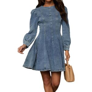 Conshvi Denim Shirt Dress for Women Long Sleeve Crewneck Denim Dresses 2025 Fall Cute A Line Mini Short Jean Dress (Blue) XL