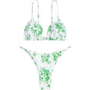 ZAFUL Women's Ditsy Floral Printed Swimsuit Underwired Knotted String Triangle Bikini High Cut Cheeky Bikini Set (X-Large, 132-green)
