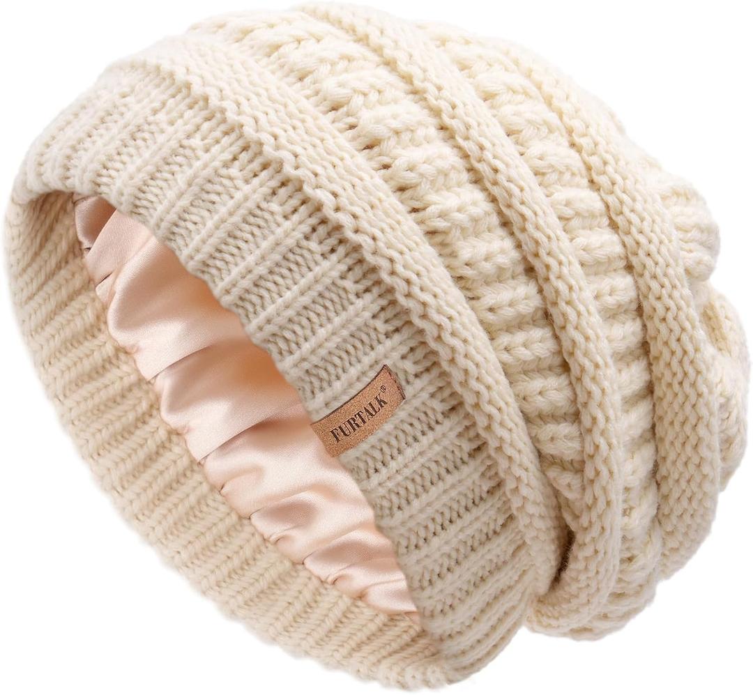 FURTALK Womens Satin Lined Knit Beanie Slouchy Winter Hats Skull Soft Warm Cap (Beige)