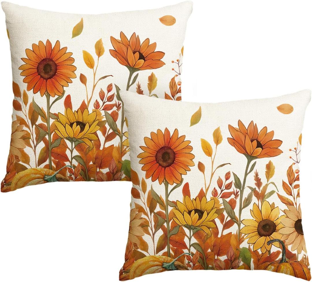 AVOIN colorlife Fall Pumpkin Sunflowers Throw Pillow Cover, 18 x 18 Inch Seasonal Autumn Thanksgiving Harvest Decoration for Home Sofa Couch Set of 2 (Orange)