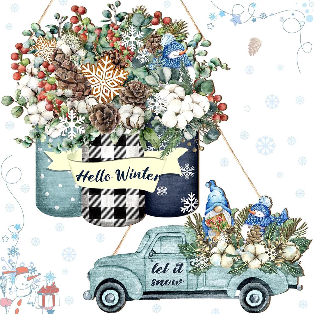 Thyle 2 Pcs Hello Winter Door Sign Let It Snow Truck Ornament Wood Christmas Snowman Sign Decor Rustic Farmhouse Hanging Plaque for Farmhouse Porch Front Door Decor