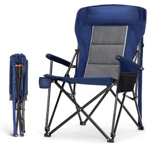 HIGH POINT SPORTS Oversized Camping Chairs for Adults, High Back Heavy Duty Lawn Folding Chair Support 500LBS, Padded Portable Outdoor Chair with Cup Holder, Blue