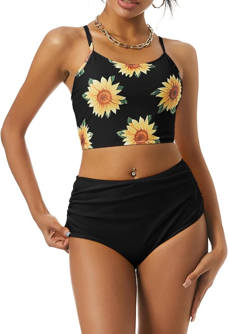 ZAFUL Women High Waisted Bikini Set Two Piece Tummy Control Wrap Swimsuit Lace Up Bathing Suit (Small, 01-black)