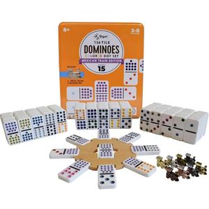 Regal Games Mexican Train Double 15 Dominoes Set for Adults & Kids - Domino Game with 136 Tiles Colored Dots & 8 Metal Trains - 2-8 Player Games & Ideal for Family Fun Game Night and Travel (Ages 8+), Double 15 Dominoes