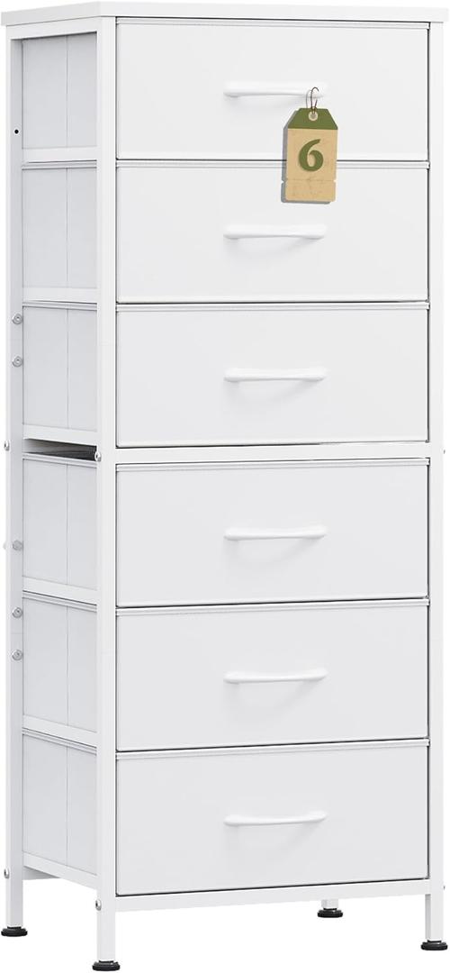WLIVE White Tall Dresser for Bedroom, 6 Drawer Dressers & Chests of Drawers, Fabric Dresser for Closet, Living Room, Night Stand with Metal Frame, Storage Tower with Fabric Bins, Wood Top (11.73"D x 15.67"W x 39.37"H)