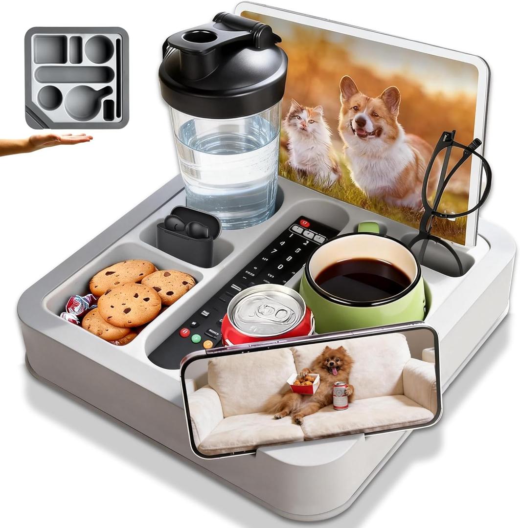 Heavyrain Couch Remote Holder Caddy Cup Holder Tray for Couch and Bed - Spill-Proof Armrest Organizer with Removable Divider, Perfect for Gaming, Movie Night, Remote Control, Snack & Phone Storage