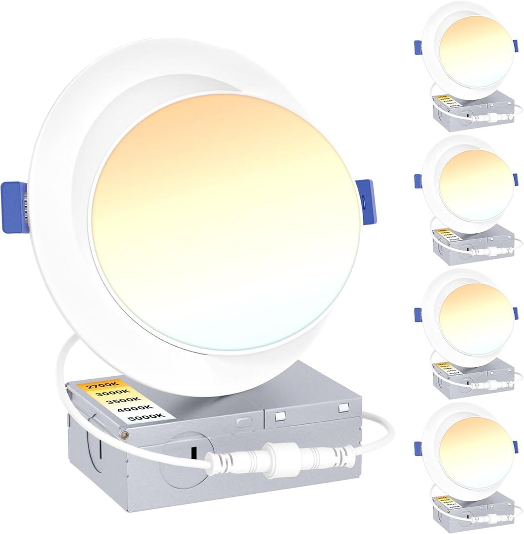 Ensenior 4 Pack 6 inch Gimbal Led Recessed Lighting, 90 Rotatable and 5CCT Selectable, Dimmable Eyeball Recessed Lights, Canless Angled Adjustable Ceiling Downlight, 1200LM, 12W=115W-FCC Certified