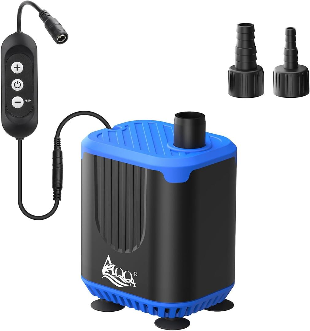 AQQA DC Aquarium Water Pump with Controller,4 Flow Adjustable,Feed Mode,IP68 Submersible Quiet Fish Tank Pump,3 Nozzles for Pond Fountain Statuary Hydroponics Freshwater Saltwater 20W 110V-240V