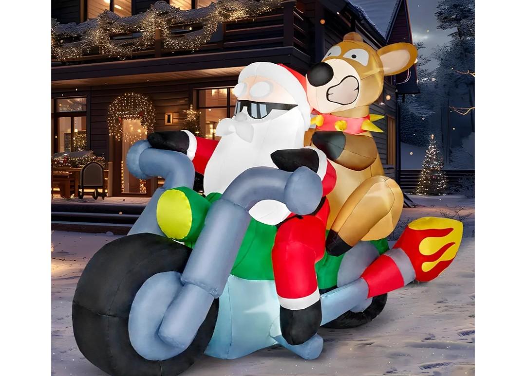 JOIEDOMI 7 FT Long Christmas Inflatables Outdoor Decorations, Inflatable Santa Riding Motorcycle with Reindeer, Blow Up Yard Decoration with Build-in LED for Xmas Party Outdoor Yard Garden Lawn Décor