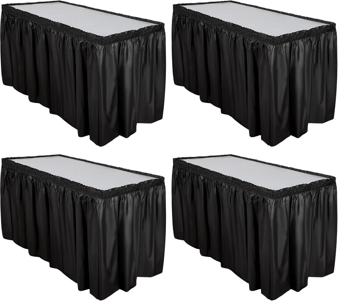 Breling 4 Pcs Plastic Table Skirt 29 Inches x 14 ft Disposable Table Skirt for Rectangle Tablecloth Wedding Shower Birthday Party Banquet(Black)