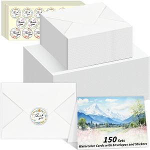 UZLU 150 Pack Watercolor Cards with Envelopes and Stickers, 5x7 Inches Watercolor Paper Cards, 140lb/300GSM Foldable Watercolor Postcards with Envelopes for Birthday Wedding Christmas New Year