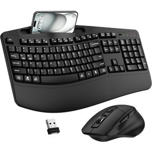 Wireless Keyboard and Mouse Combo, 2.4G Full Size Wave Keys Ergonomic Keyboard with Wrist Rest, Phone Holder, 3-Level DPI Adjustable Wireless Ergonomic Mouse for Windows, Mac Desktop/Laptop/PC(Black)
