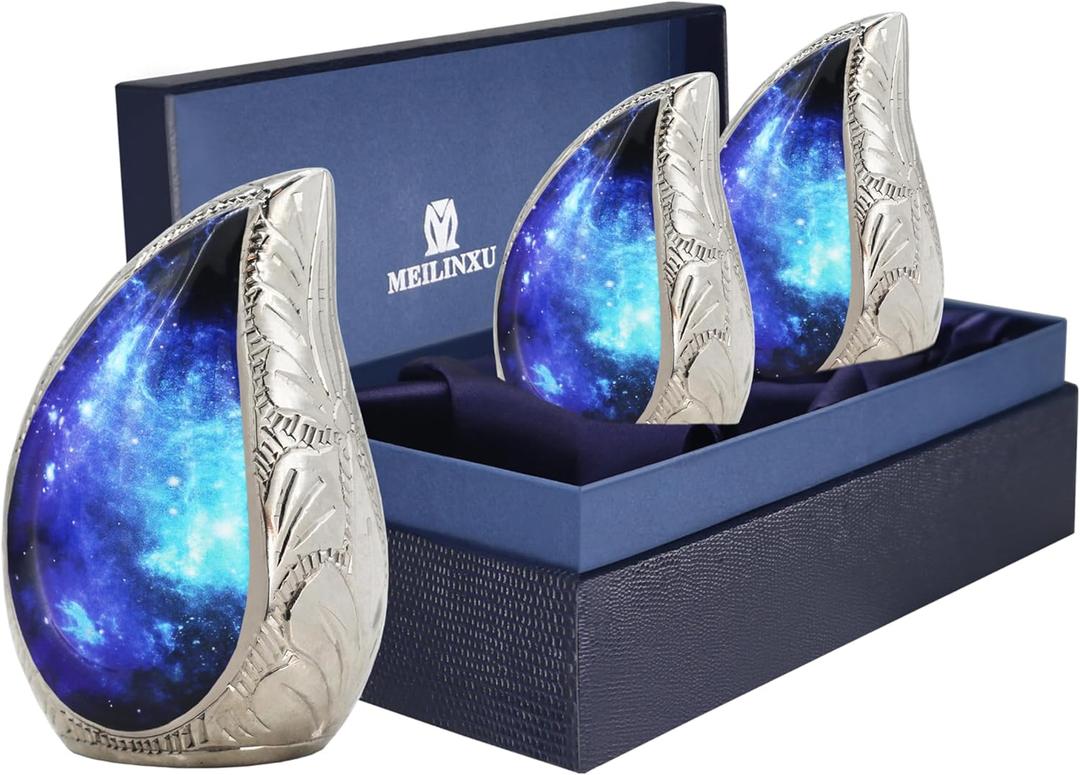 M MEILINXU Cremation Mini Urns for Human Ashes Keepsake, Funeral Urn for Ashes Adult Male & Female, Cosmic Galaxy Urns, Brass Engraving, Miniature Keep Sake - Blue Teardrop Small Keepsake Set of 3
