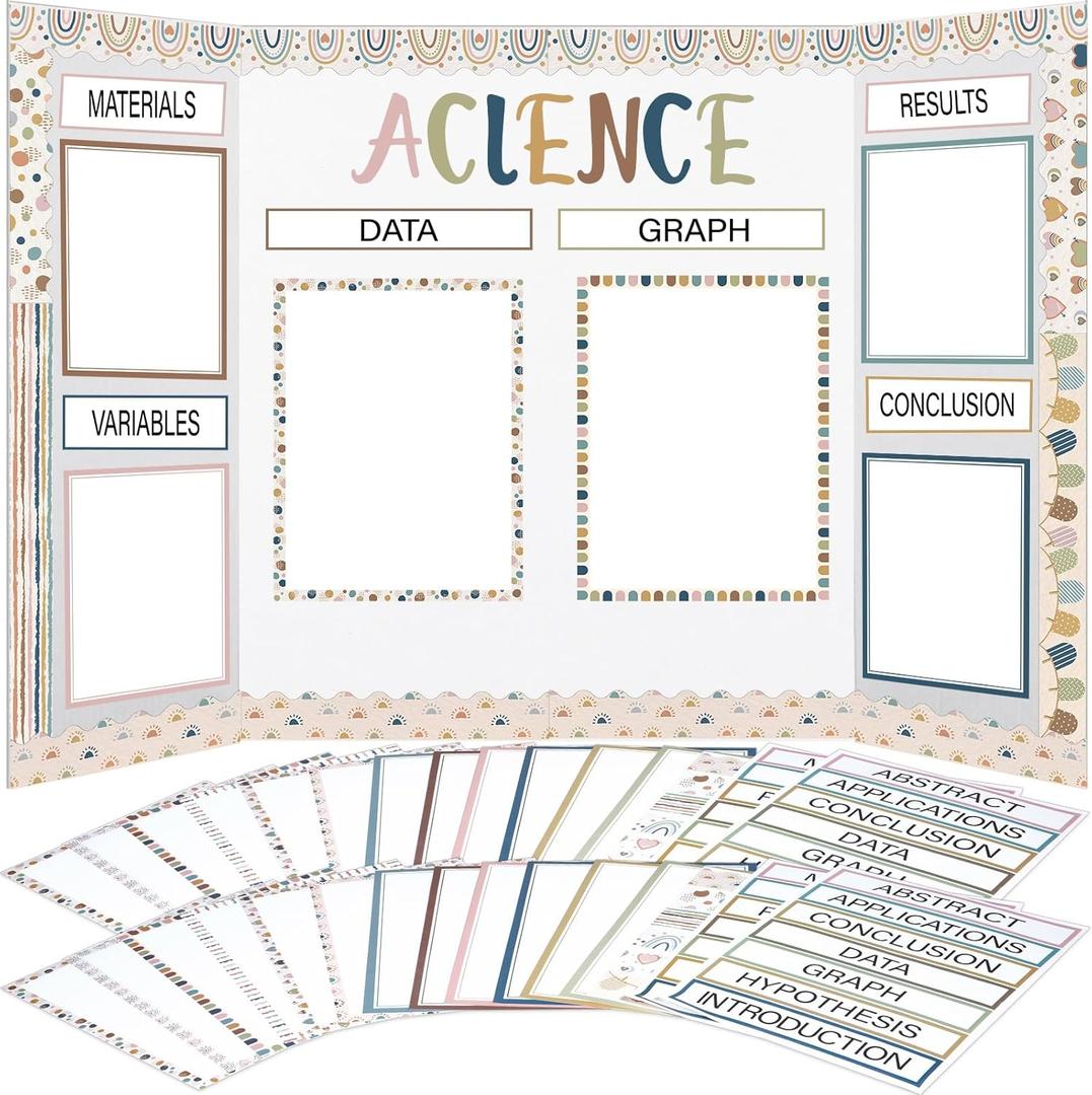 Dispowreath 114 Pcs Science Fair Board Supplies 60 Trim Scalloped Poster Boards 48 Presentation Subtitles 6 Project Titles for Classroom Display Boards(Boho Style)