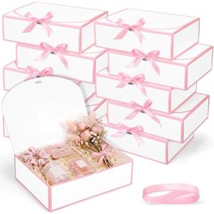 Silkfly 12 Pcs Bridesmaid Proposal Box with Ribbon, 10.6 x 8 x 3.15 Inch Gift Boxes with Lids Paper Gift Boxes for Wedding Baby Shower Birthday Party Present Packaging (White,Pink)