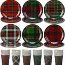 Mifoci 96pcs Christmas Plaid Tableware Set Christmas Paper Plates & Cups Red Green Black Tartan Plates for 48 Guests Xmas Party Supplies Disposable Dinnerware