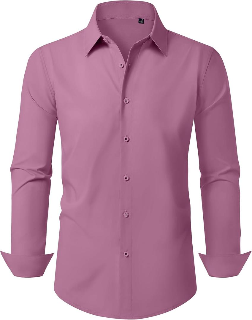 Mens Business Dress Shirt Long Sleeve Button Down Formal Shirt for Men Cotton Slim Fit Shirt for Wedding (Medium, Dark Pink)
