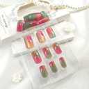 Cat Eye Press on Nails Medium Square Fake Nails with Colorful Gradient Designs Cute Nails Press ons Glossy Pink Acrylic Green False Yellow Stick on Nails for Women 24Pcs