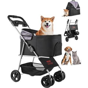 VEVOR Pet Stroller, 35 lbs Weight Capacity, Foldable Dog Stroller Cart, 4 Wheels Cats Strollers with with Detachable Carrier & Mesh Windows, Portable Design with Brake for Small to Medium Pets