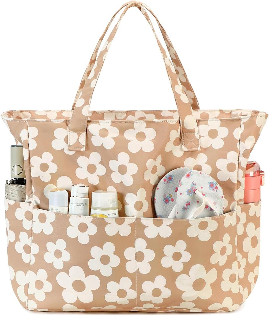 Bluboon Waterproof Beach Tote Pool Bags for Women Ladies Extra Large Carry On Bag With Wet Compartment for Weekender Travel,Beige Floral 157