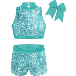 Vogseek Gymnastics Leotards for Girls with Shorts Sparkly Ballet Dance Unitards Biketards Kids Activewear (6-7 Years, Blue)