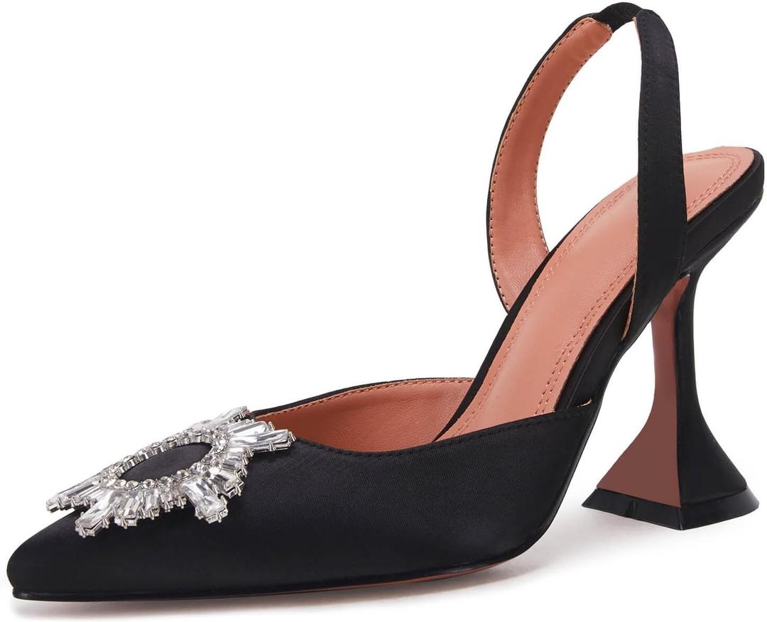 VETASTE Women's High Heel Crystal Slingback Pumps Pointed Toe Strappy Triangle Heeled Party Wedding Bride Pump Shoes Black, 7.5, Black
