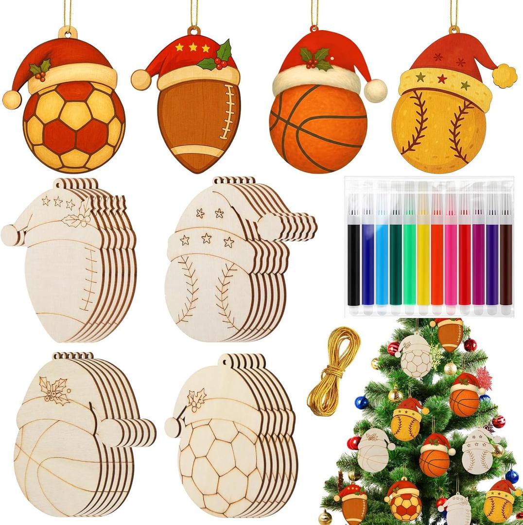 Novabright 24 Pcs Sport Ball Wooden Christmas Ornaments Unfinished, 4 Styles DIY Wood Slices Ornaments with Color Markers Ropes Christmas Tree Hanging Decoration to Paint for Sport Theme Craft Gifts