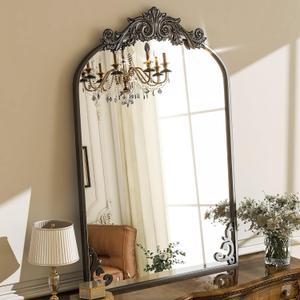 GLSLAND Vintage Mirror 36"x 24" Arched Wall Mirrors Gold Carved Arched Mirror with Metal Frame Baroque Wall-Mounted Mirror for Bathroom/Living Room/Entryway,Black