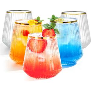 BESTSTAR 36 Pcs 12 oz Plastic Clear Gold Rim Ribbed Glasses, Origami Ripple Disposable Champagne Glasses Elegant Whiskey Glasses Ideal for Weddings, Bars, Christmas, Pool Party, Daily Use