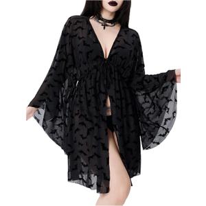 WDIRARA Women's Goth Sheer Kimono Lightweight Cardigan Cover Up Kimono Vacation Summer Beachwear (Black, M)