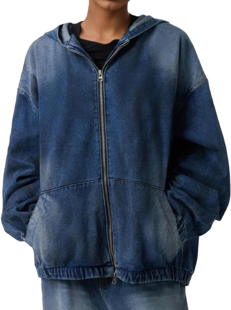 Women's Zip Up Denim Hoodie Sweatshirt Jean Jacket Coats with Pockets (Blue, M)