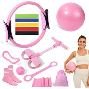Pilates Kit 14 Pcs, Pilates Essentials Kit for Women, Pilates Equipment for Home with Yoga Circle Ball Ring, 5 Resistance Bands,Pedal Puller Resistance Band,Anti-Slip Socks for Starter Set Accessories