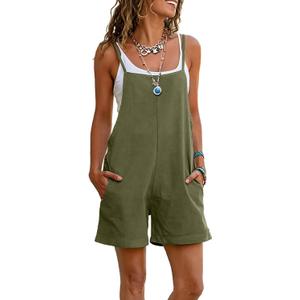 YESNO Women Summer Casual Loose Rompers Sleeveless Boho Floral Spaghetti Straps Shorts Overalls Jumpsuit with Pockets PH2 (Green, XXL)