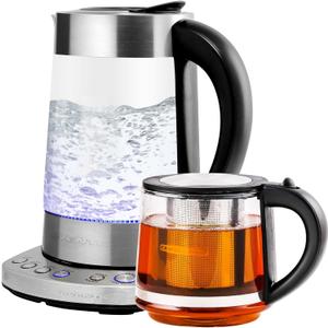 OVENTE 1.7L Electric Kettle and Tea Maker Pot Combo, 1500W BPA Free Water Boiler and Heater with 27oz Borosilicate Glass Teapot, Removable Stainless Steel Infuser for Brewing, Silver KG612S + FGK27B
